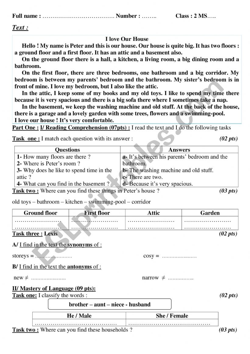 I love Our House worksheet