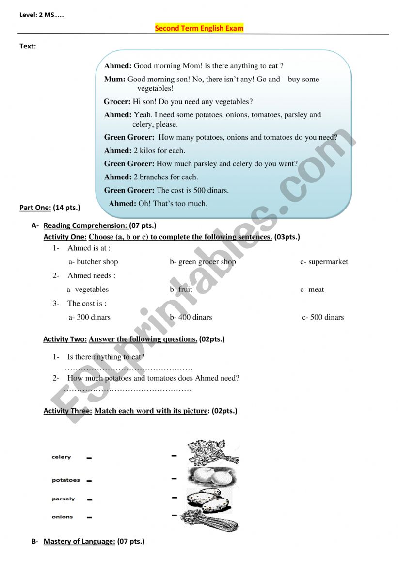 food worksheet
