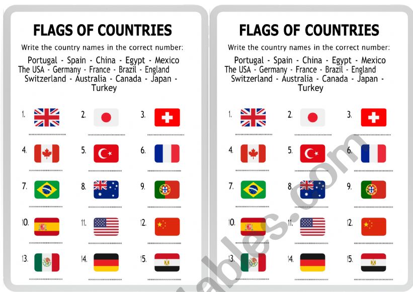 Country flags worksheet
