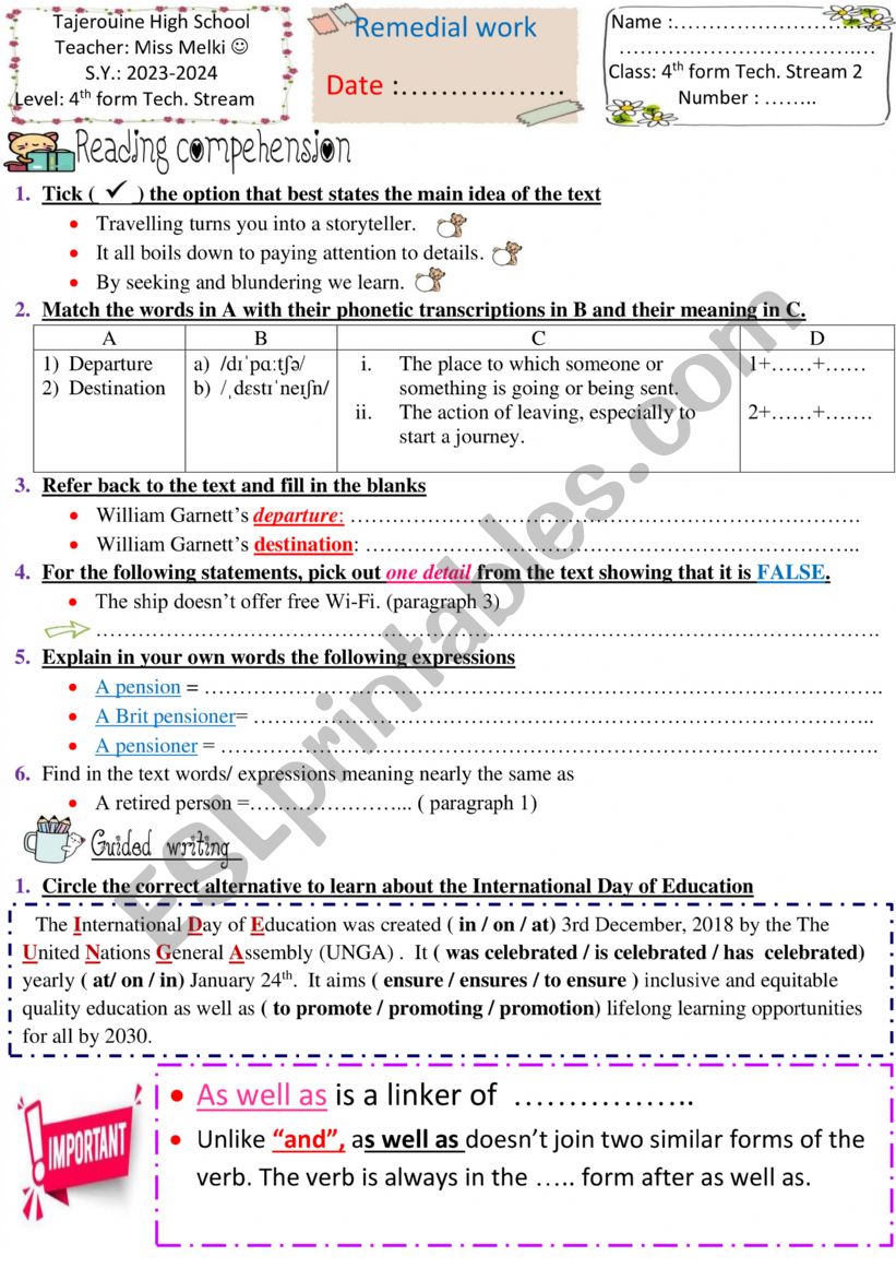 remedial work 4th form worksheet