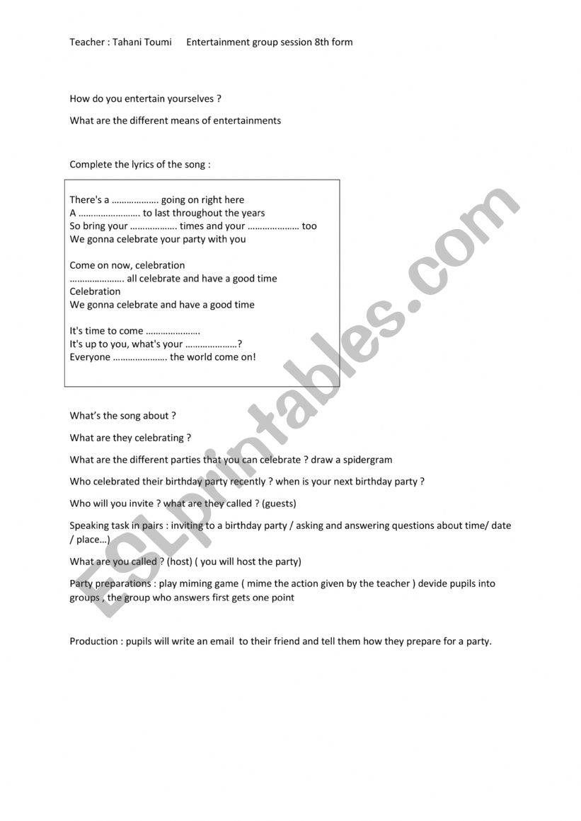 entertainment 8th form worksheet