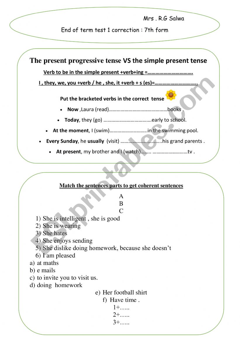 test correction 7th form end of term test 1