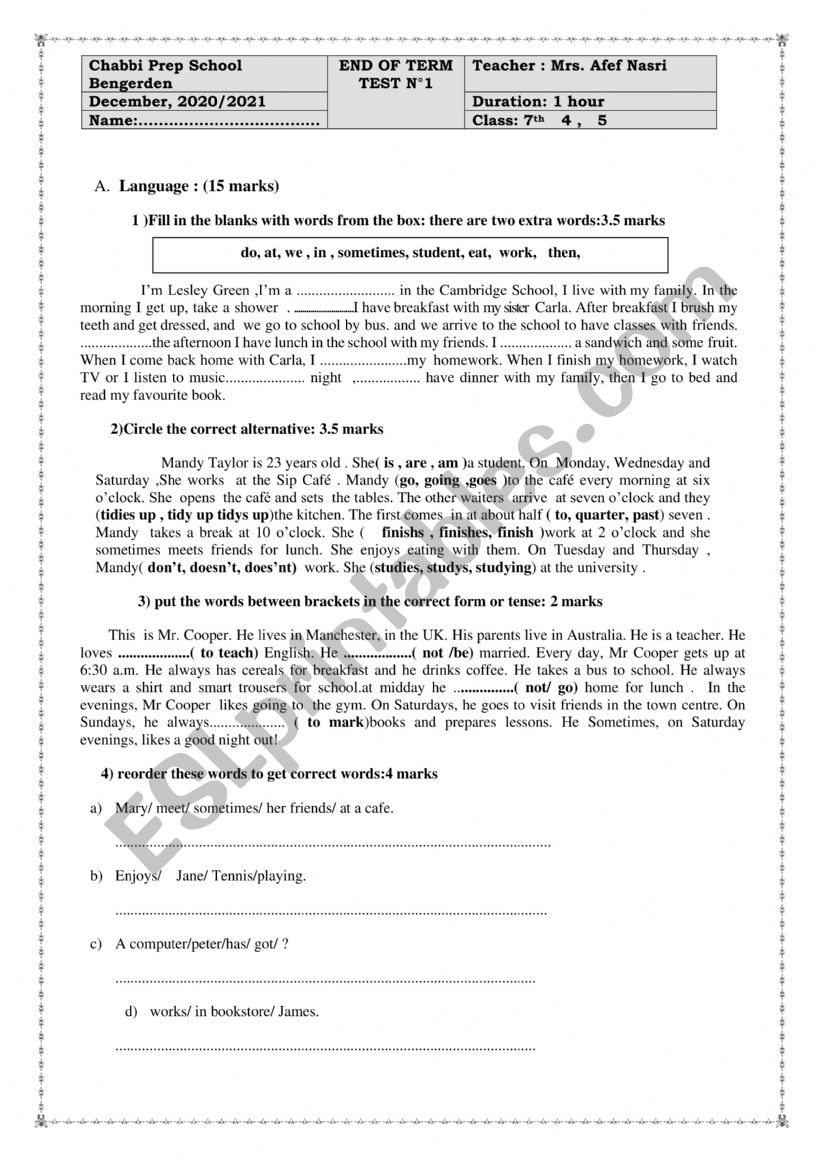 end of term test 1 worksheet