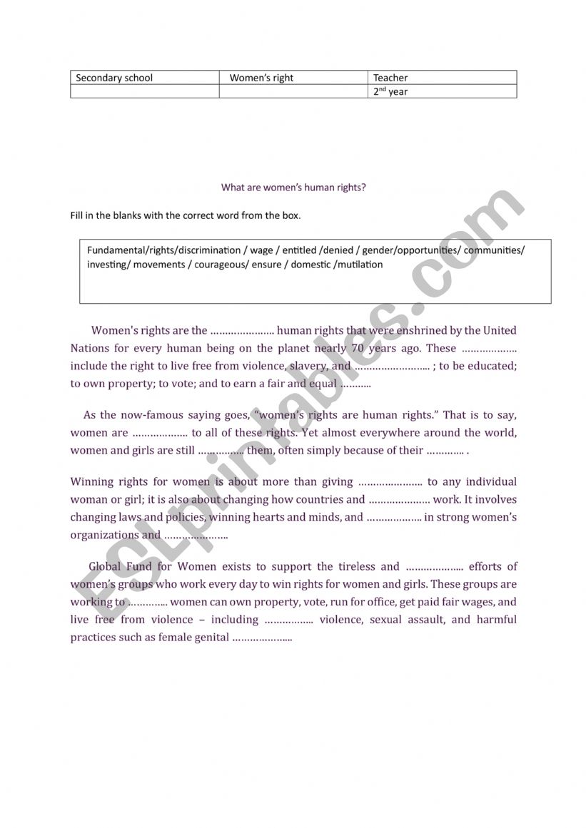 Women�s rights  worksheet