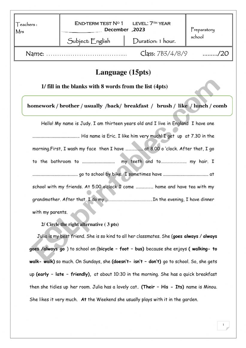 fullterm test7thform worksheet