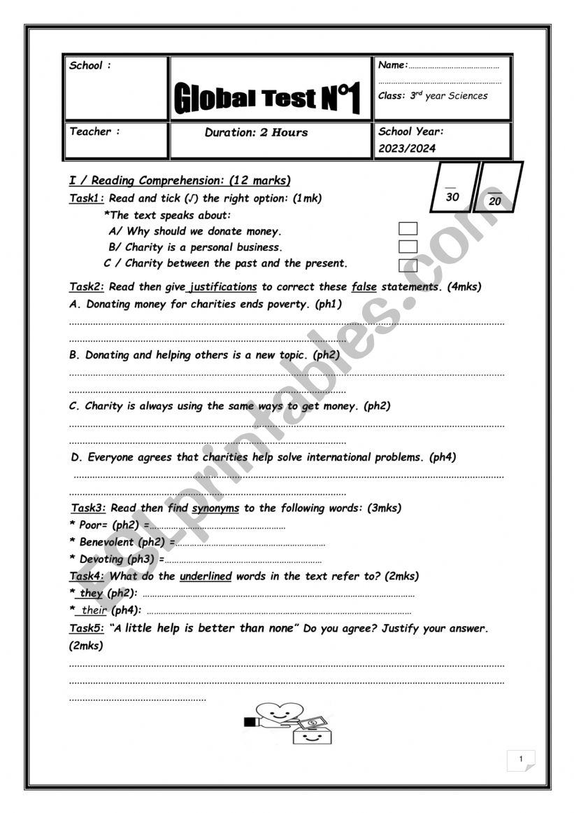 Global test 1 3rd year Tunisian curriculum