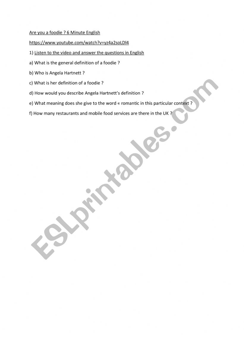 Are you a foodie worksheet