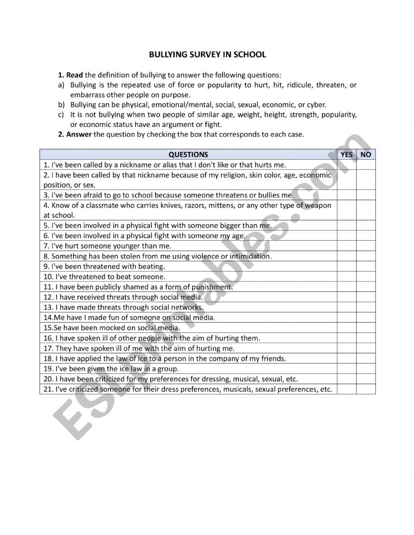 Bullying Survey worksheet