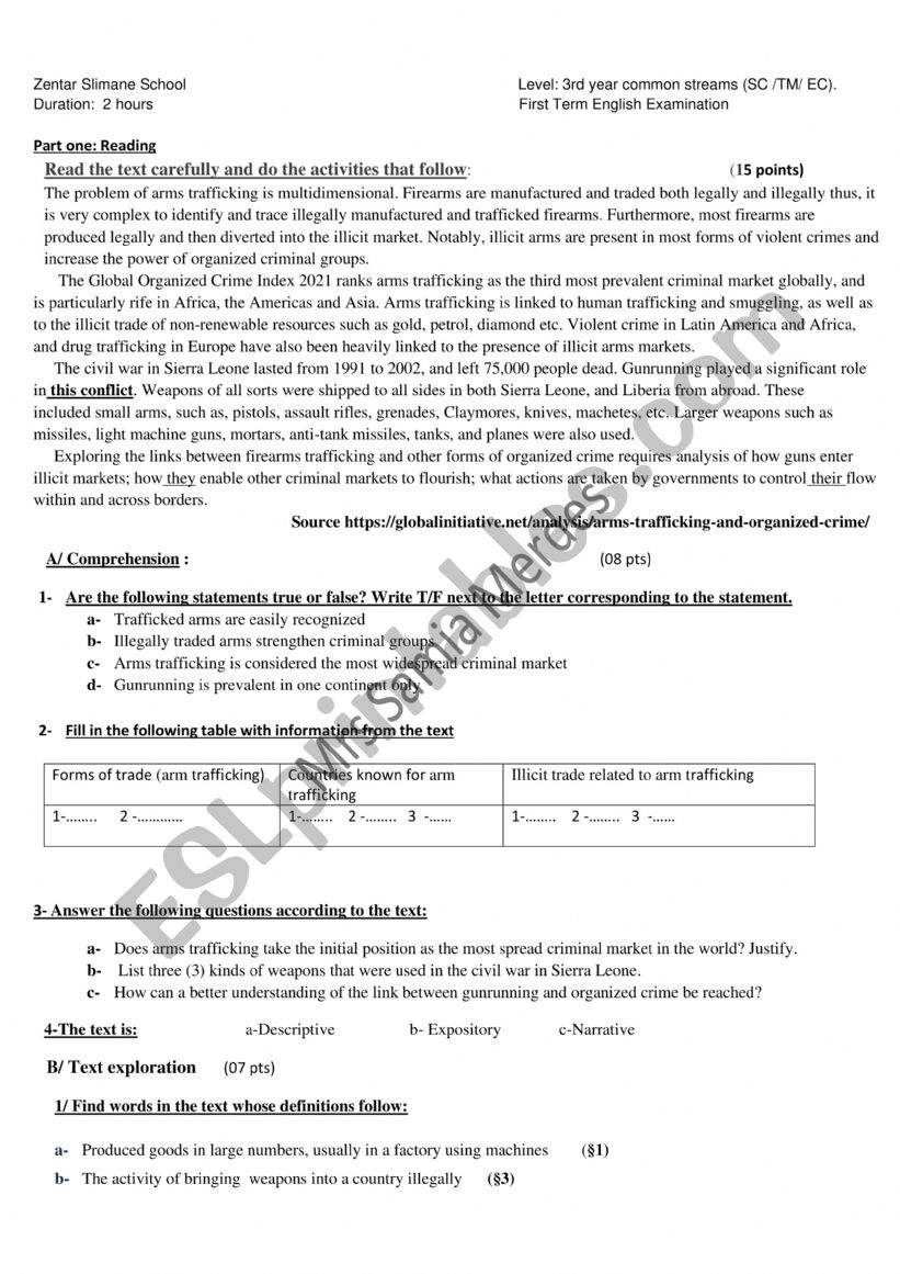 weapon trafficking  worksheet