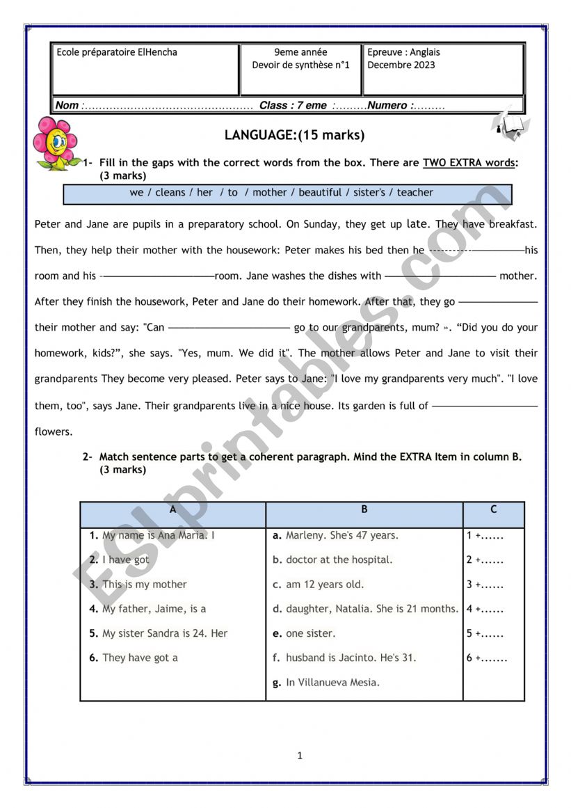 end of term 1 test  worksheet