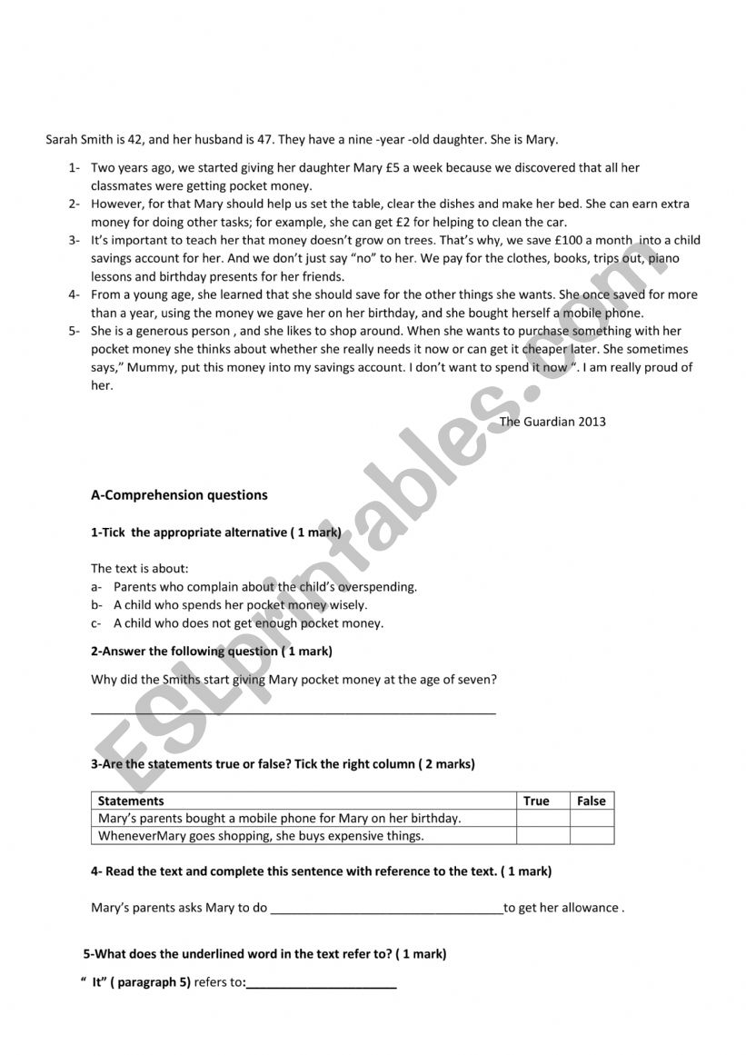 reading comprehension worksheet