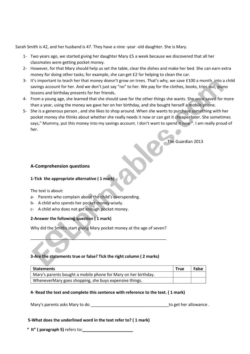 reading comprehension worksheet