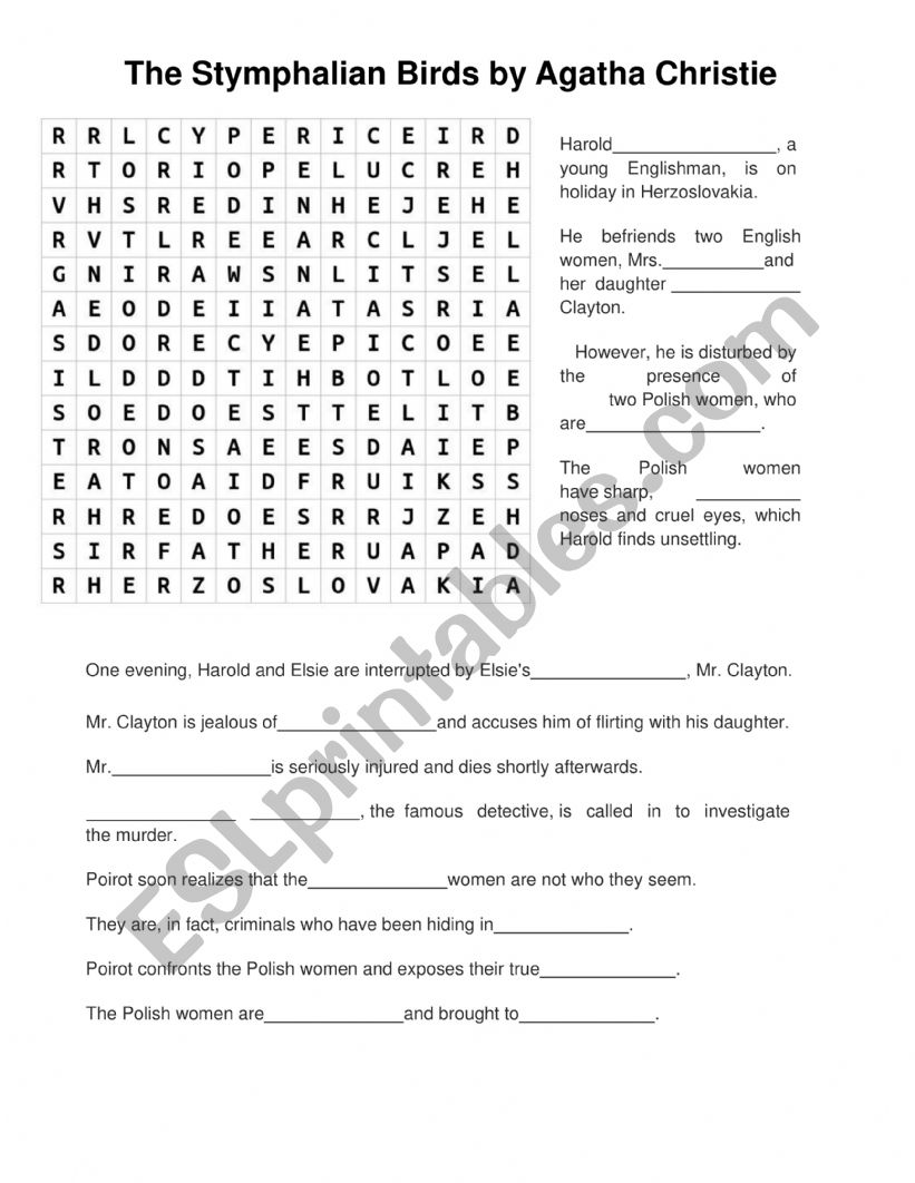 Wordsearch The Stymphalian Birds by Agatha Christie