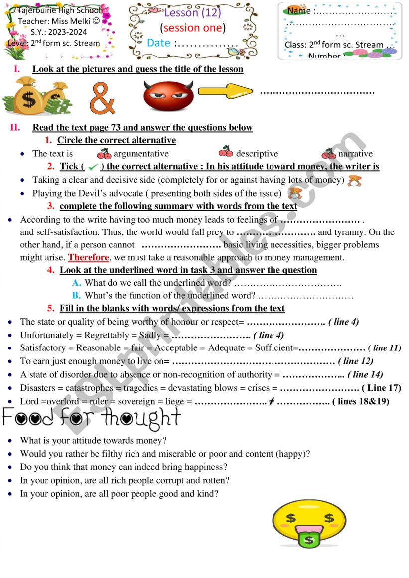 Money and evil 2nd form worksheet