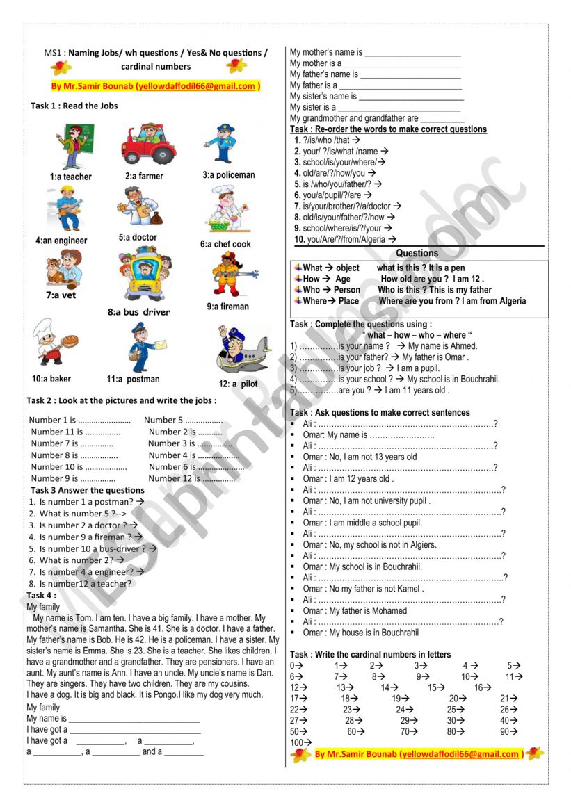 naming job & questioning  worksheet