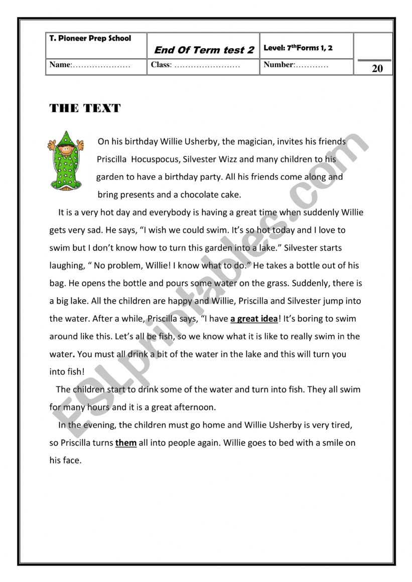 7th form end-of-test 2 worksheet