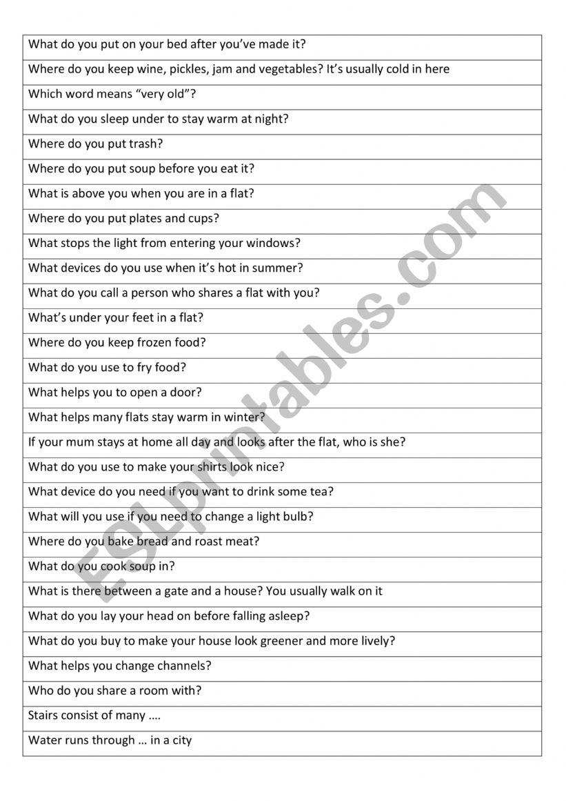 Questions to practise home and house vocabulary from B1 wordlist