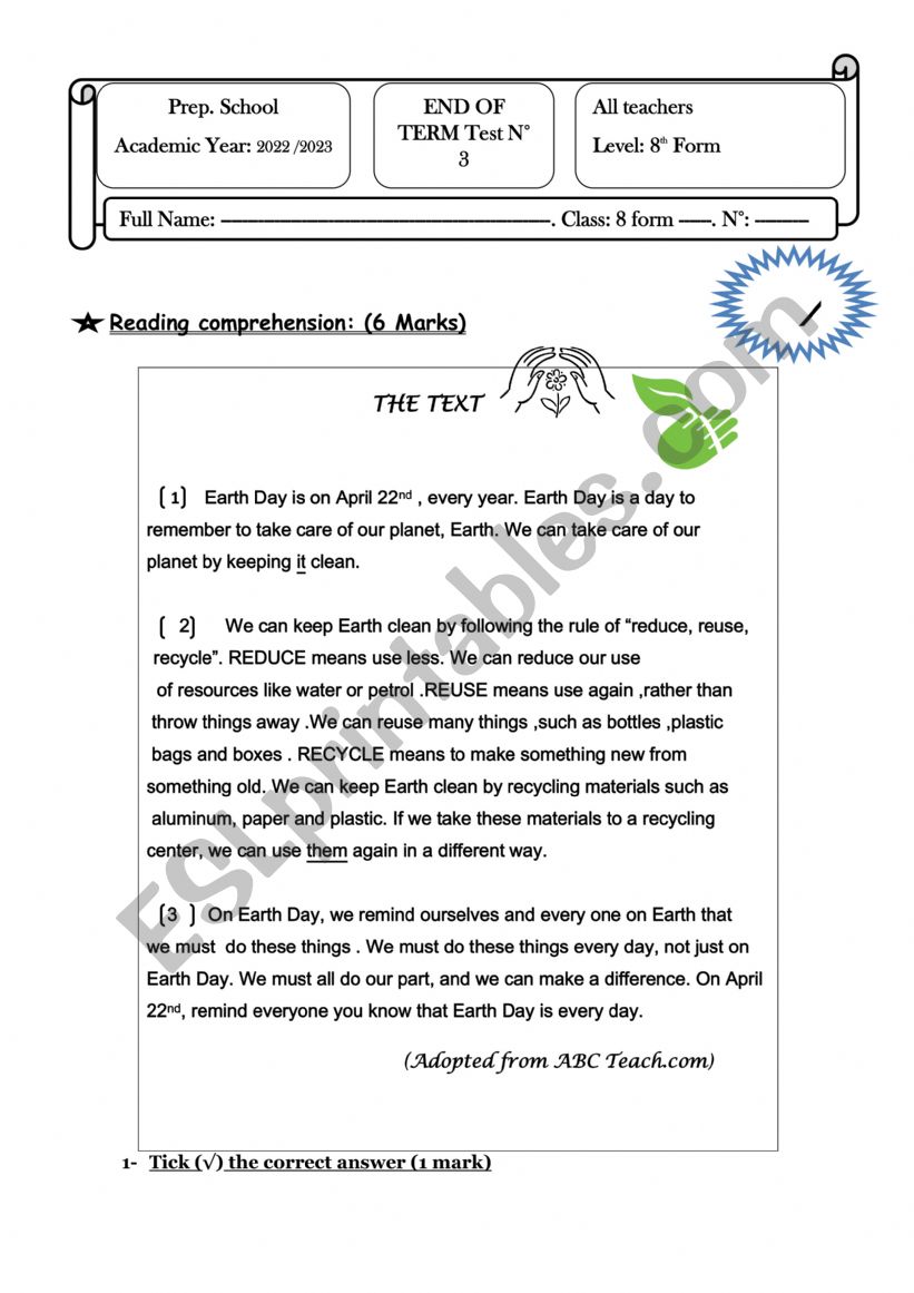 END OF TERM Test N 3 worksheet