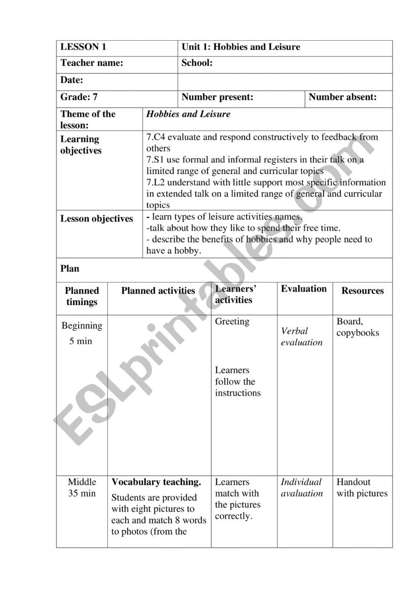 lesson worksheet