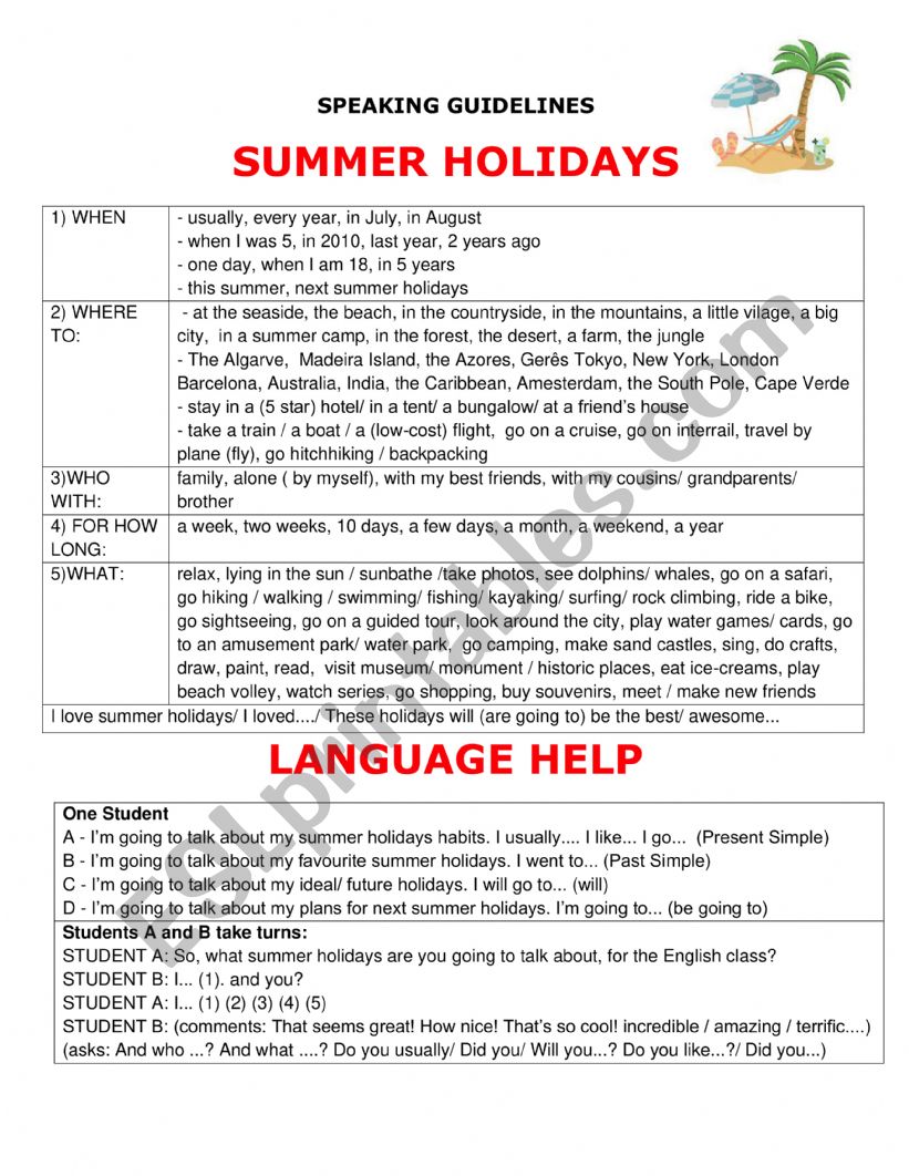 SUMMER HOLIDAYS - guided speaking