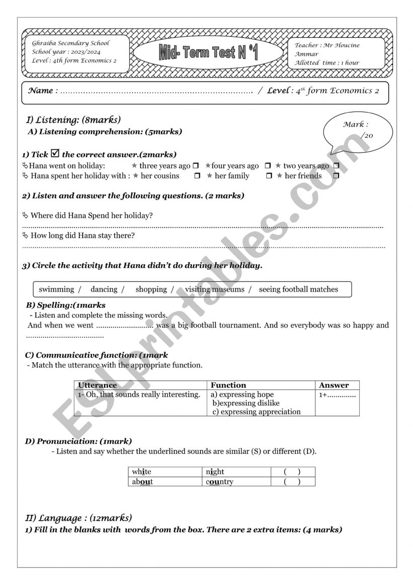 Mid term test 1 fourth form secondary school 