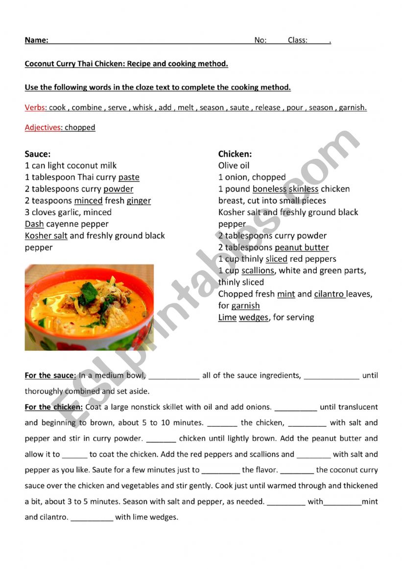 Thai Food: Coconut curry cloze activity.