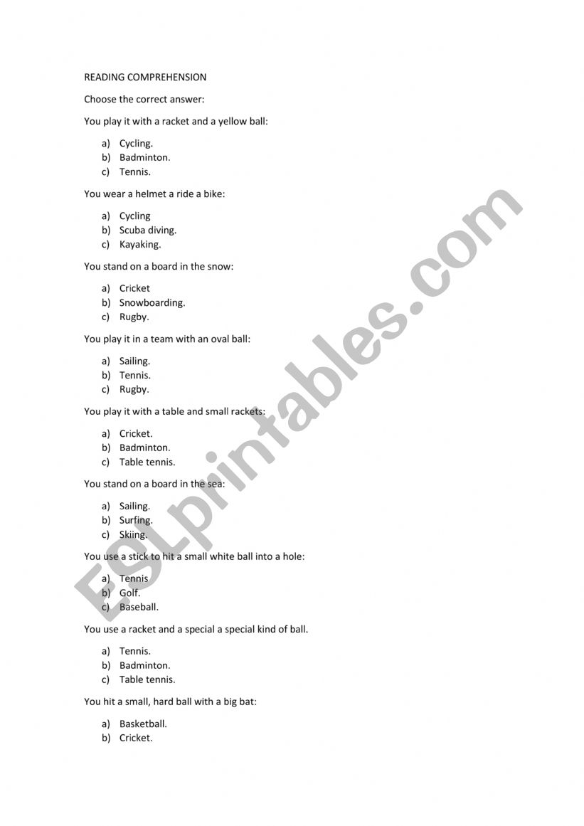 Guessings of sports worksheet