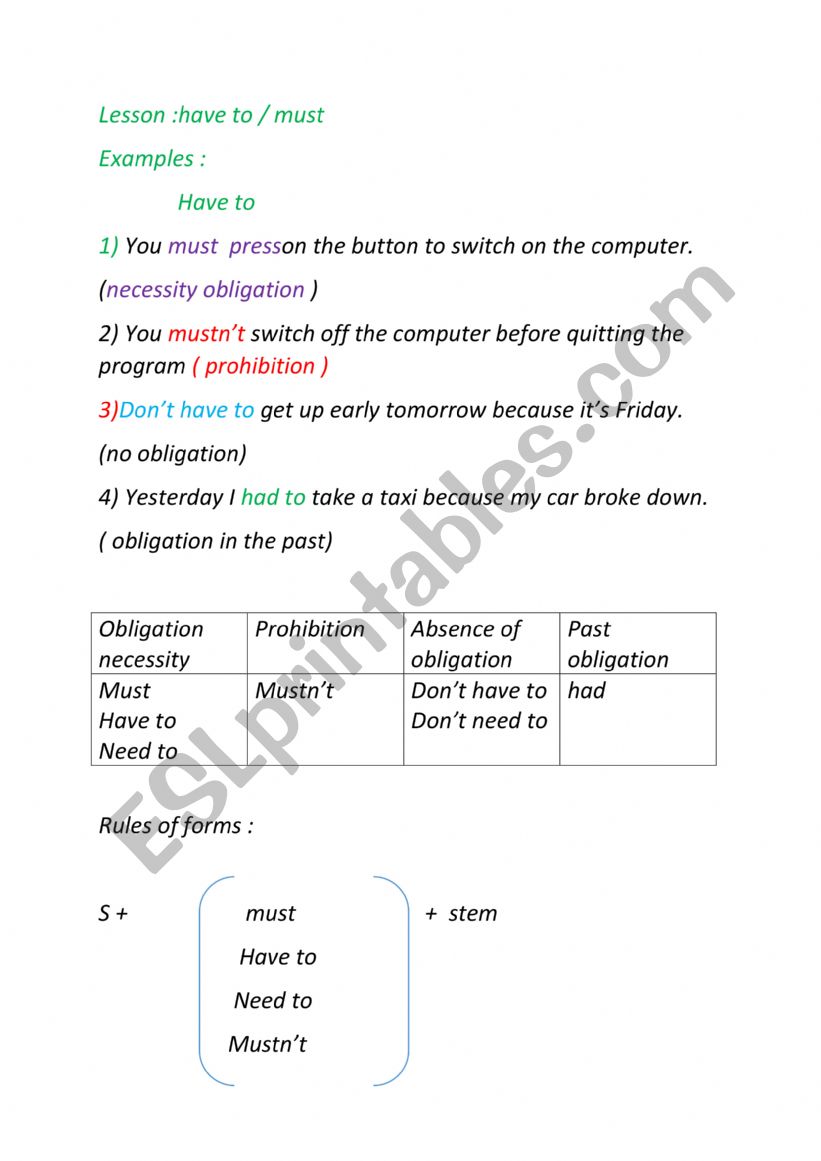 obligation worksheet