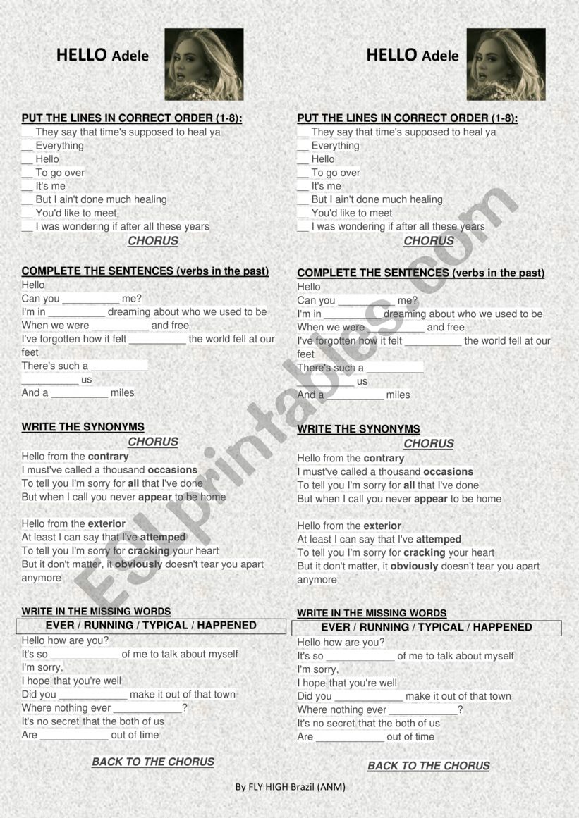 Hello by Adele worksheet