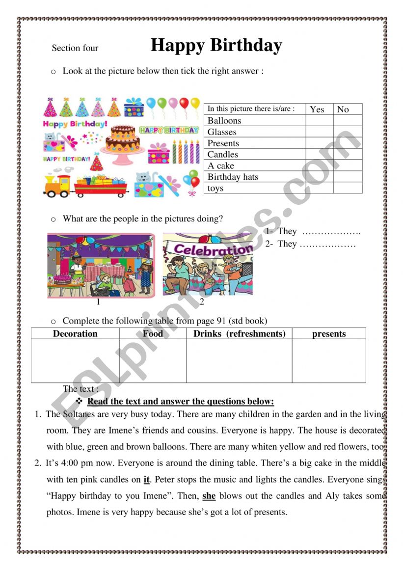 Section four: Happy Birthday worksheet