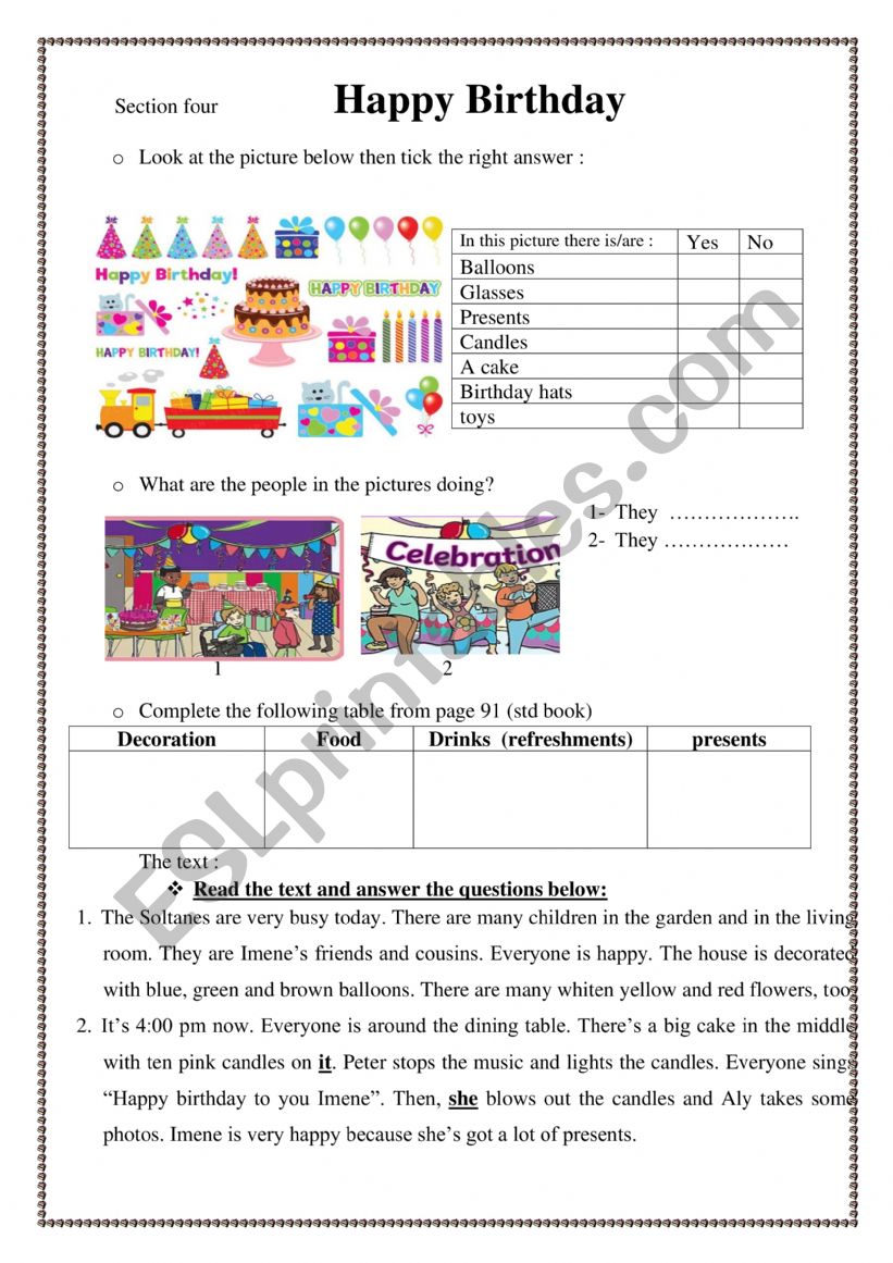 Section four: Happy Birthday worksheet