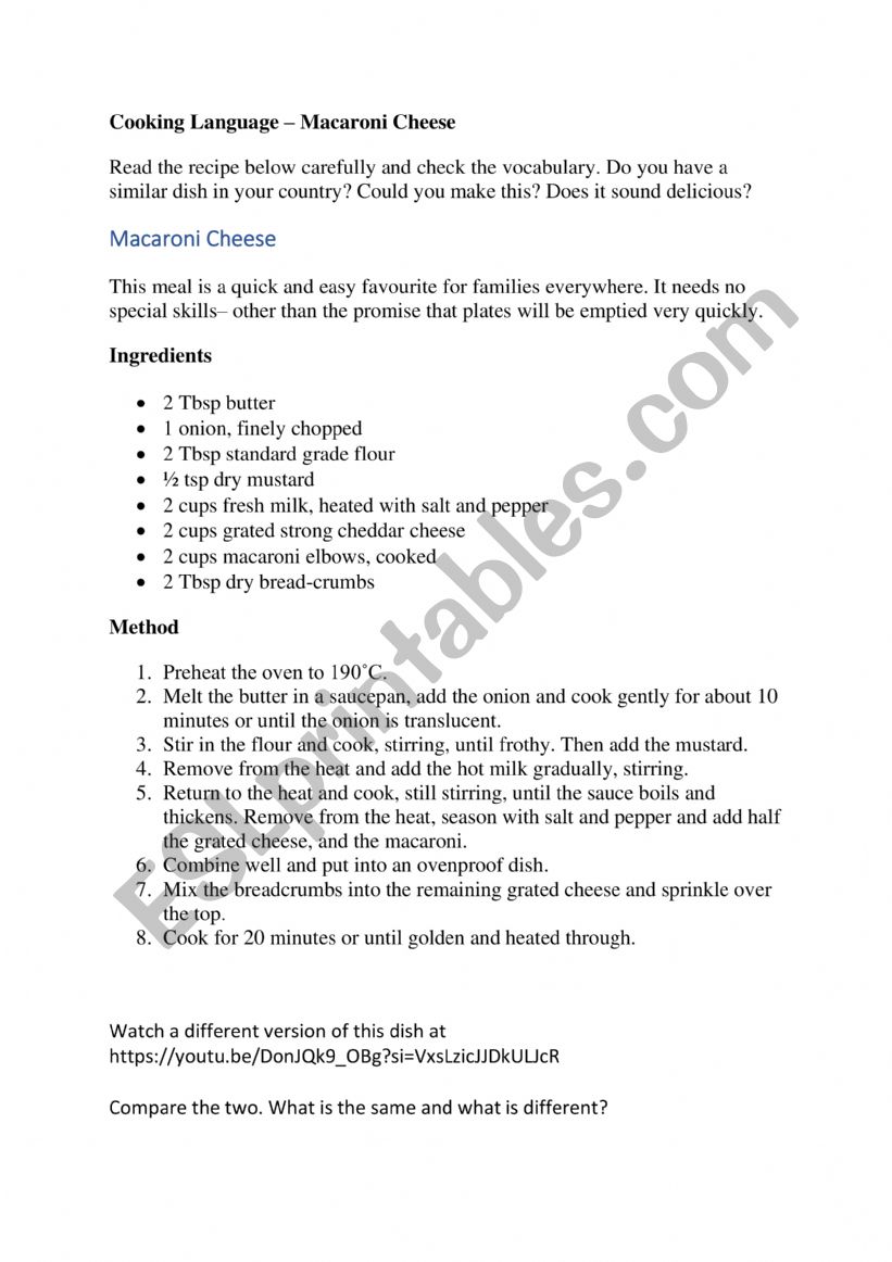 Cooking - Macaroni Cheese worksheet