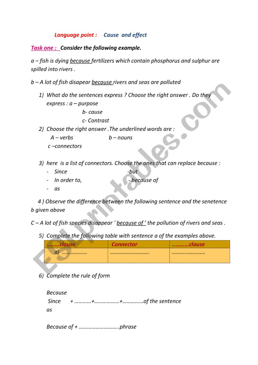 Cause and effect worksheet
