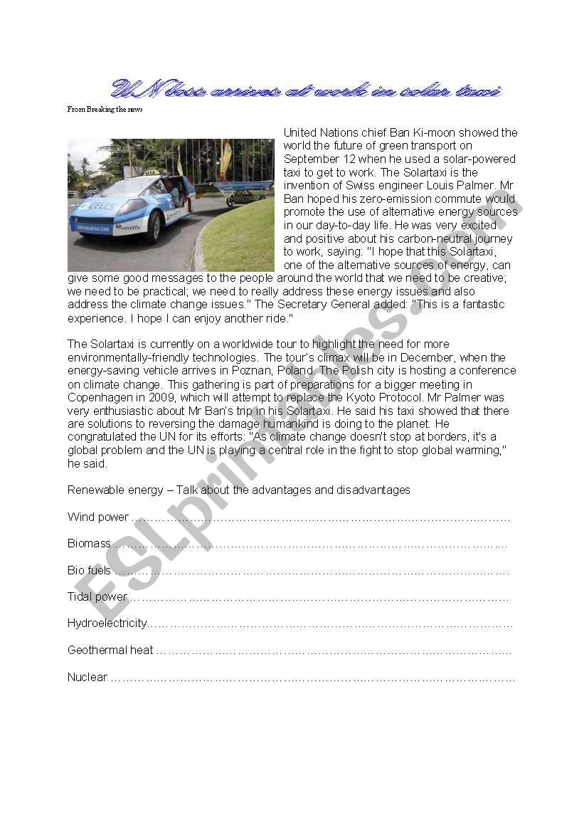 Solar Powered Taxi worksheet