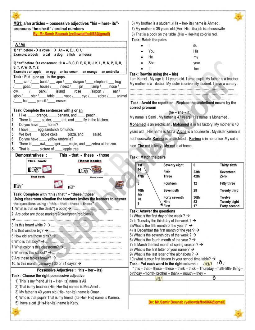 articles a/an - possessive adjectives - personal pronouns - sound �th & the