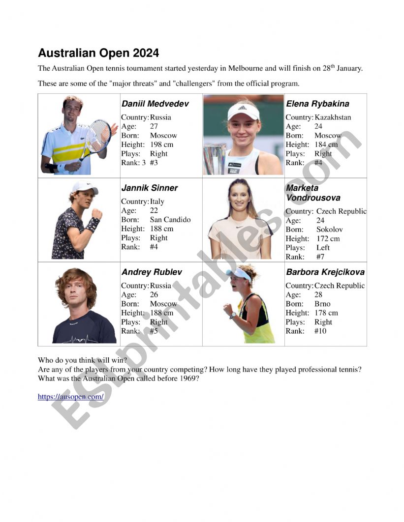 Australian Open 2024 worksheet