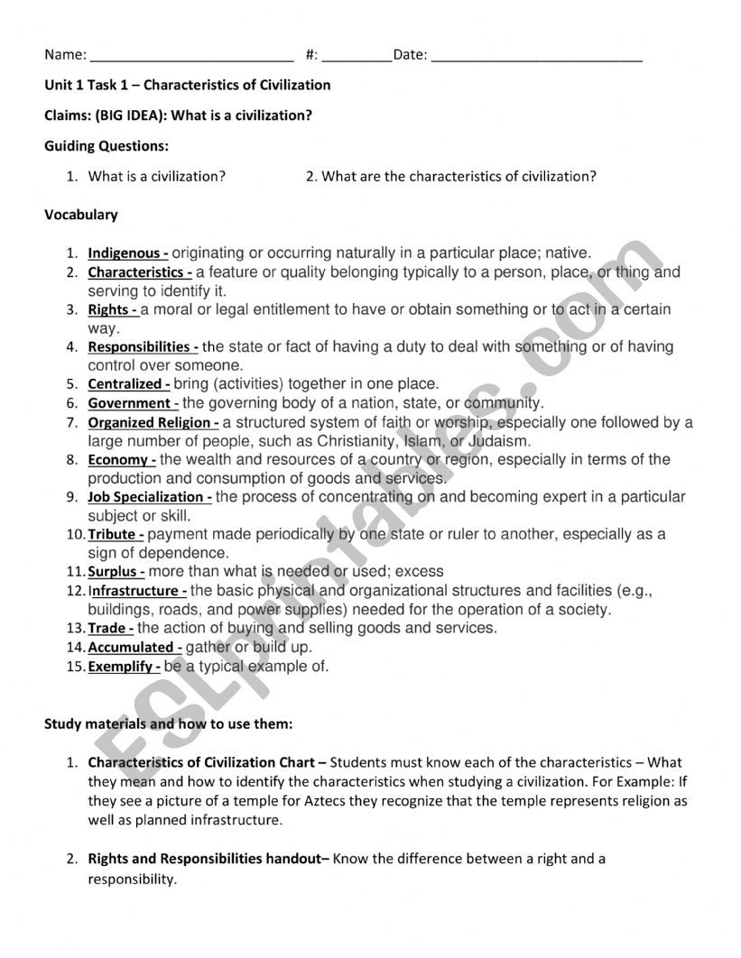 Early civilization worksheet
