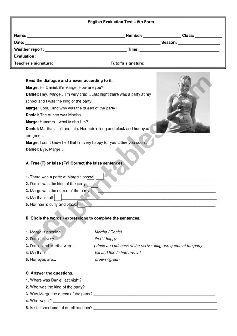 English Evaluation Test â€“ 6th Form