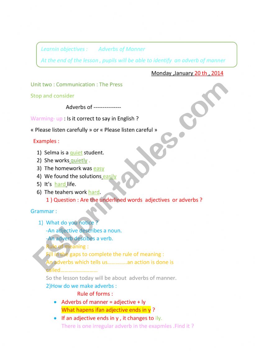 Adverbs of manner worksheet