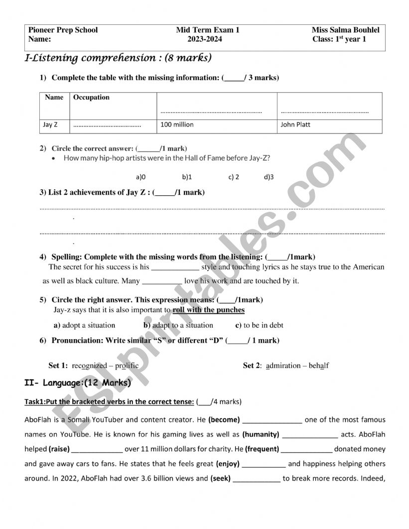 1st year test1 pioneer school worksheet