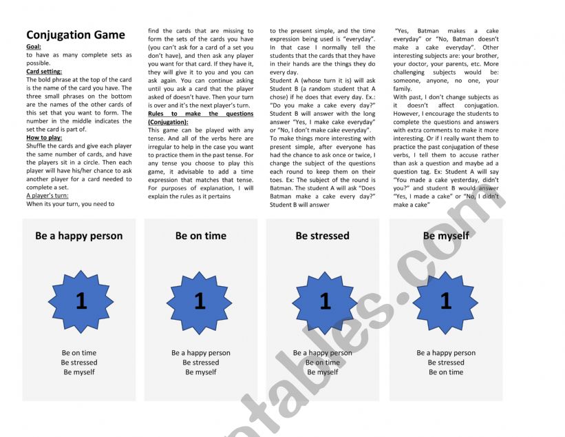 Conjugation Game Card worksheet