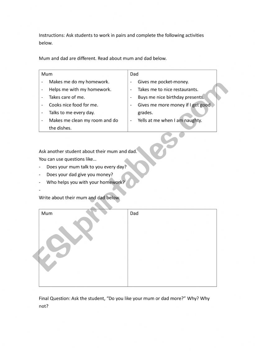 About mums and dads worksheet