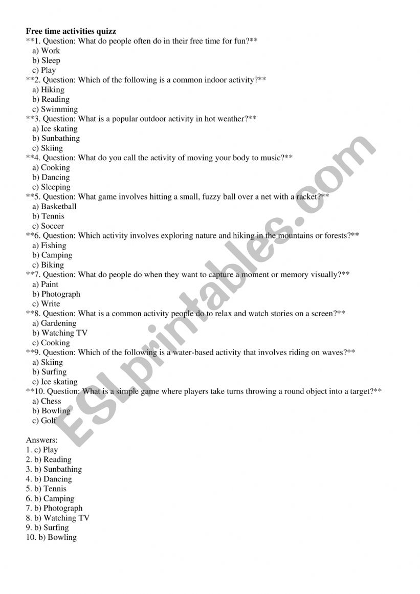 free time activity quizz worksheet