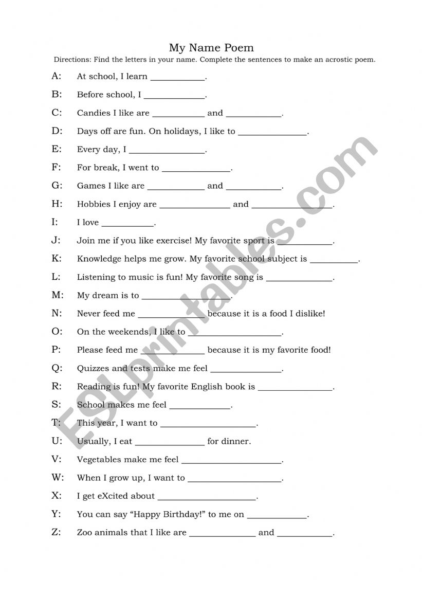 My name acrostic poem worksheet