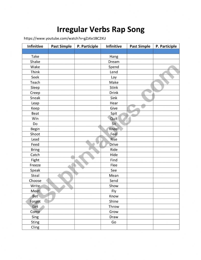 Irregular Verbs Rap Song worksheet