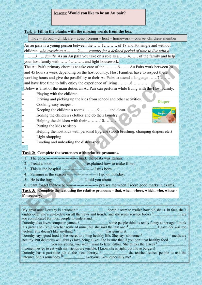 au pair worksheet