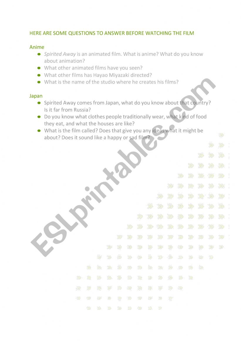 Spirited away introduction and setting activities