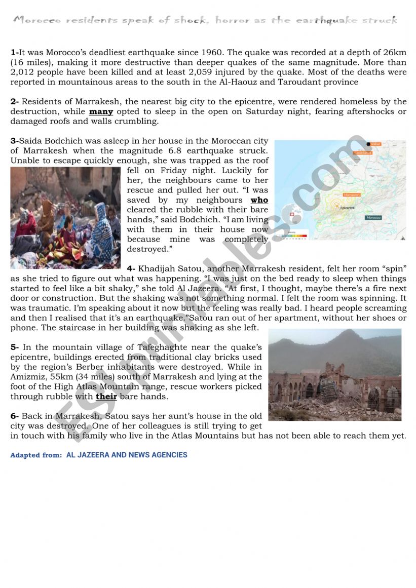 Morocco earthquake worksheet