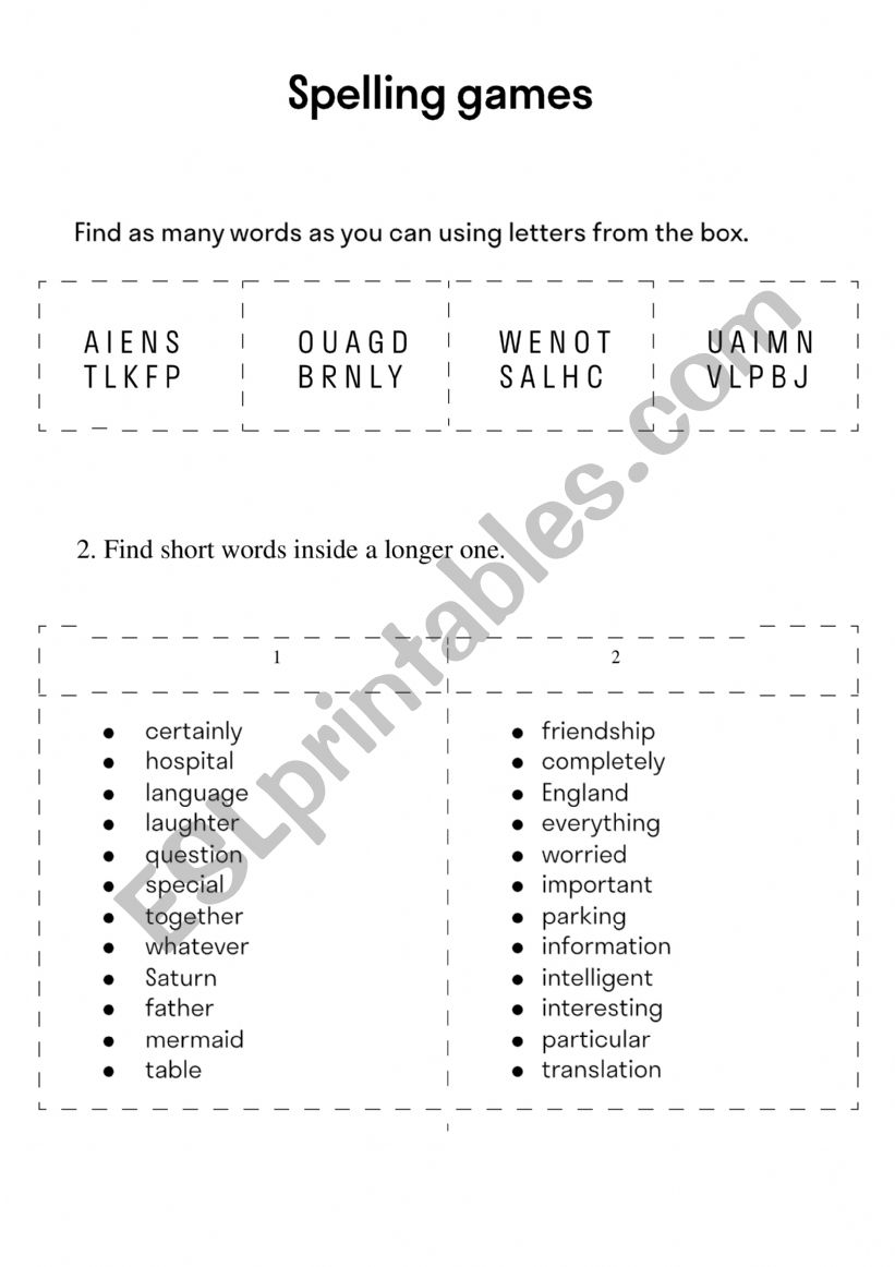 Spelling game worksheet