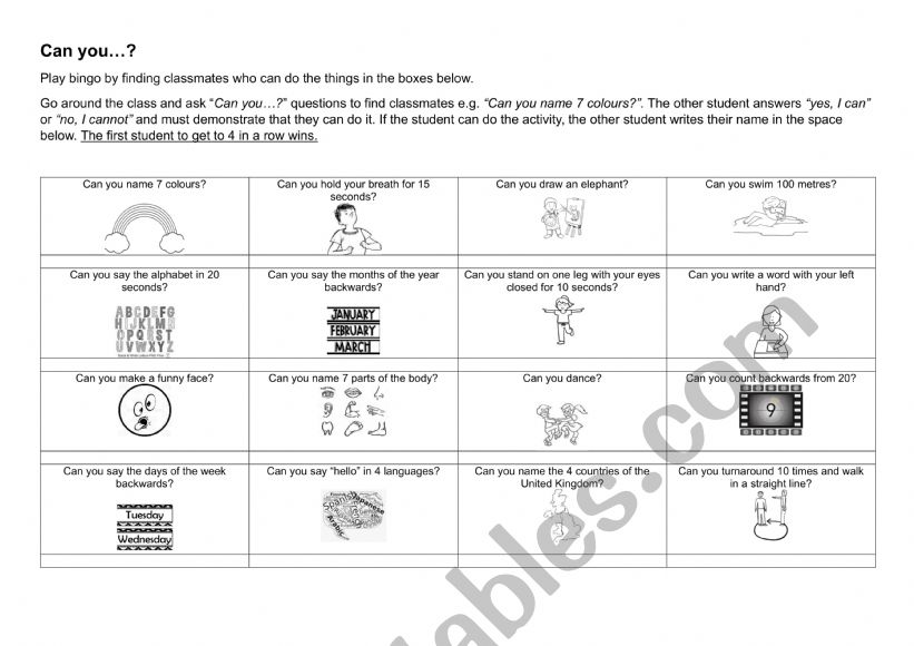 Can you....? Bingo  worksheet